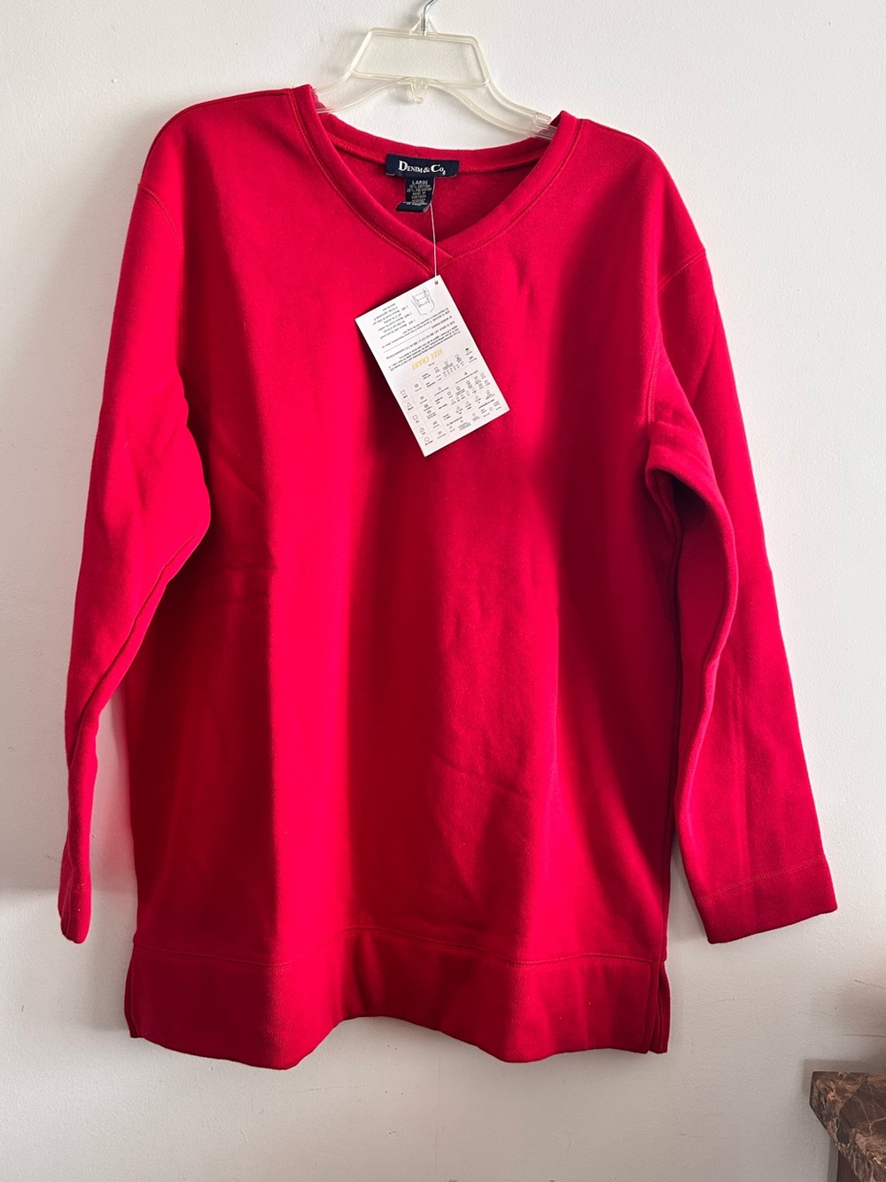 Denim & Co. V-Neck Fleece Sweatshirt Long Sleeve Tunic Red Size Large